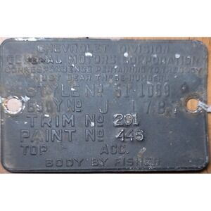 1951 Chevrolet Chevy 4 dr Data Trim Paint Body By Fisher Car ID Plate Tag